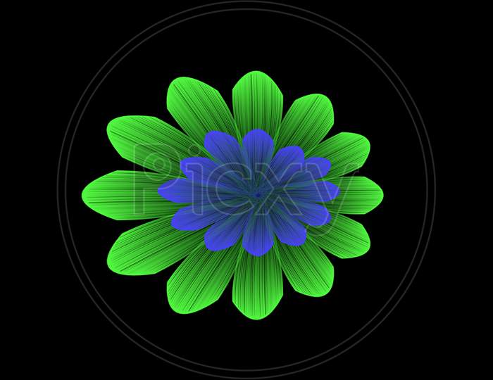 Green Blue Flower Design On The Black Background And Three D Effect.