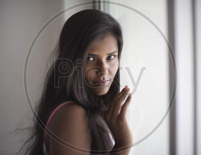 Image Of Portrait Of An Attractive Young Brunette Dark Skinned Indian Bengali Girl In Western 