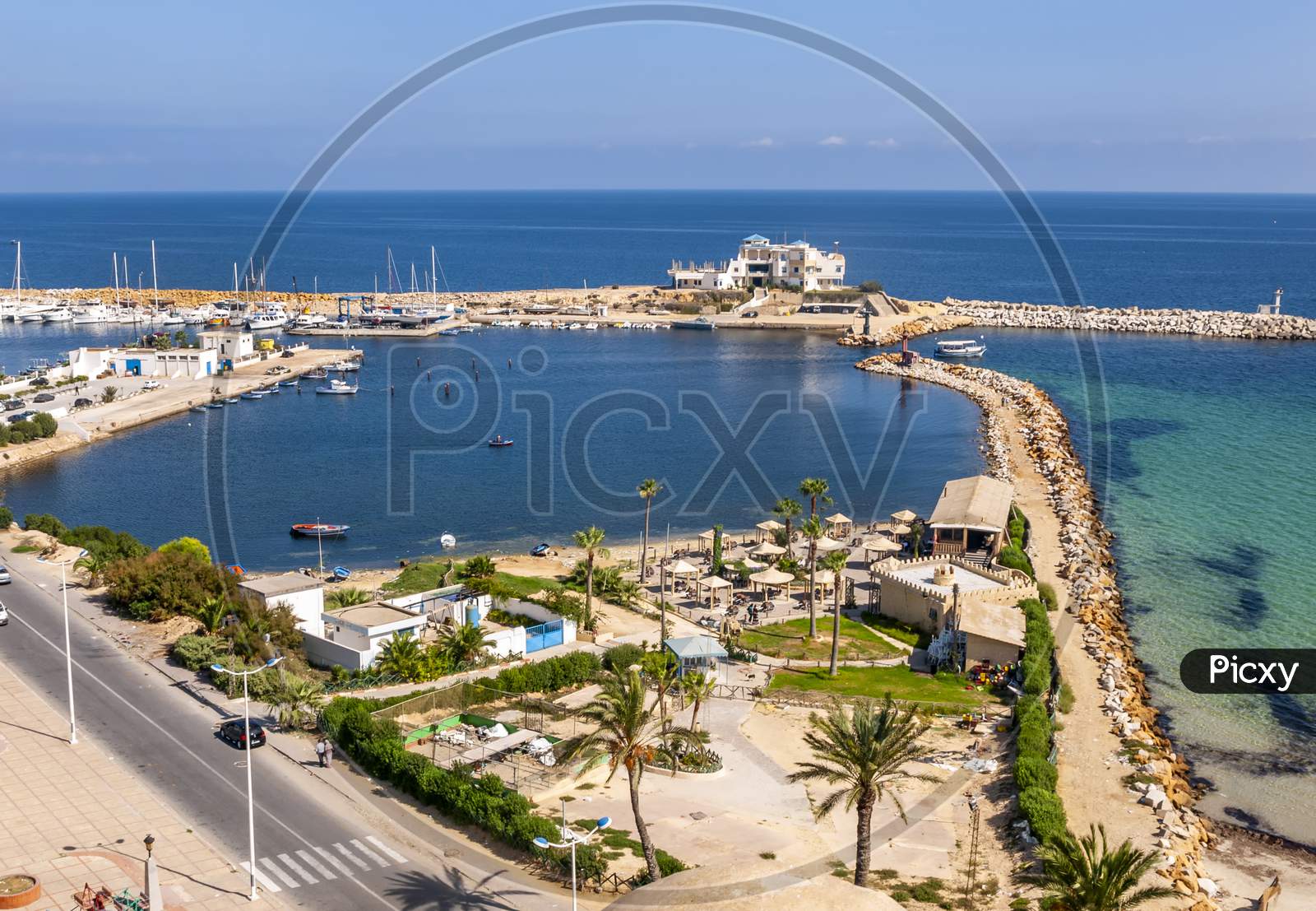 A view of Monastir Harbour from the Ribat Tunisia showing the harbour entrance by both sea and road.