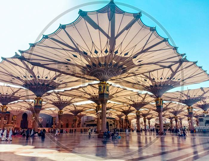 Automatic biggest umbrella in masjid madina saudi arabia