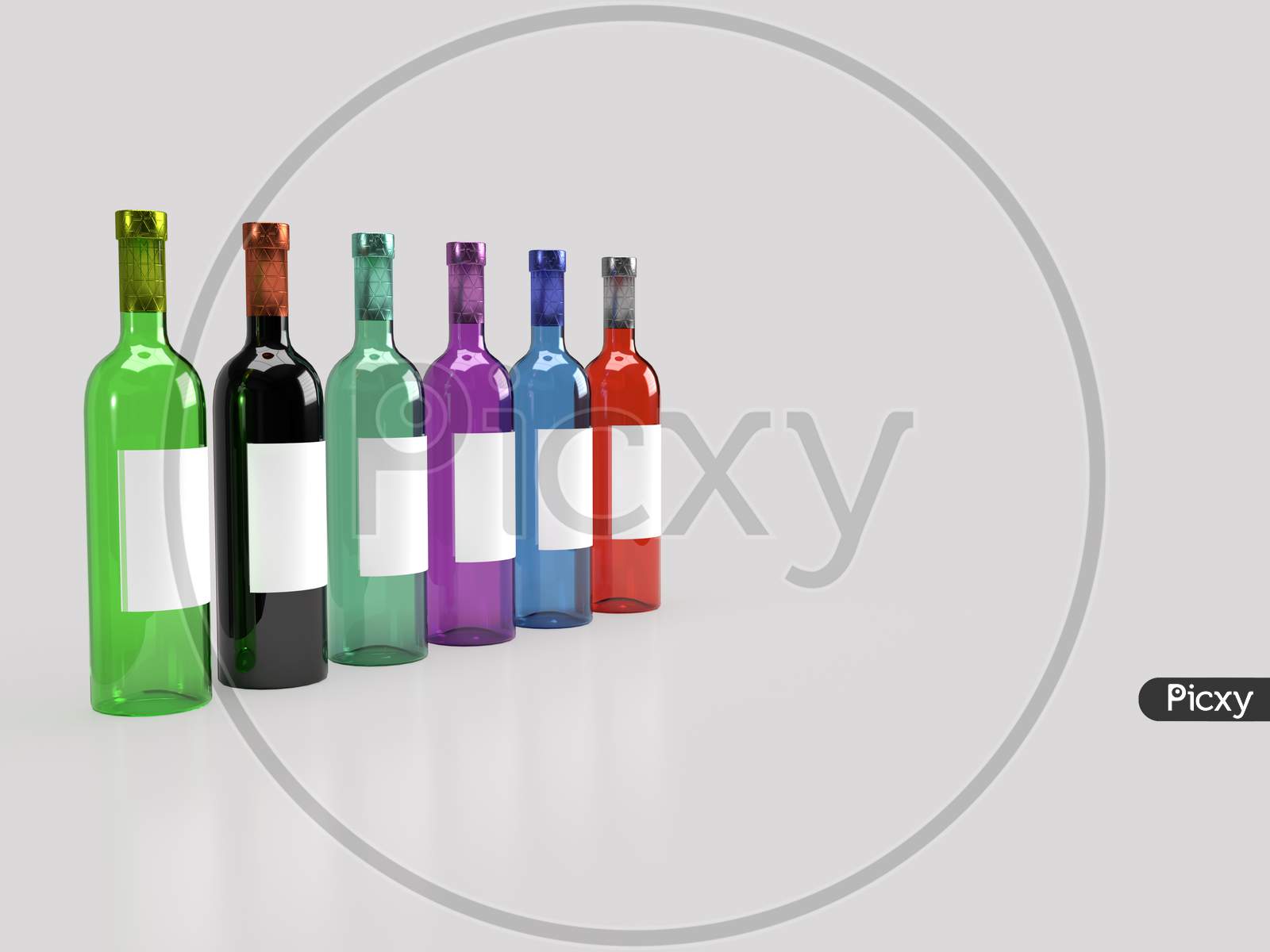 3D Render Of Different Colored Foil Sealed Glass Wine Bottle In Solid Light Grey Background With White Blank Label For Product Mockup.