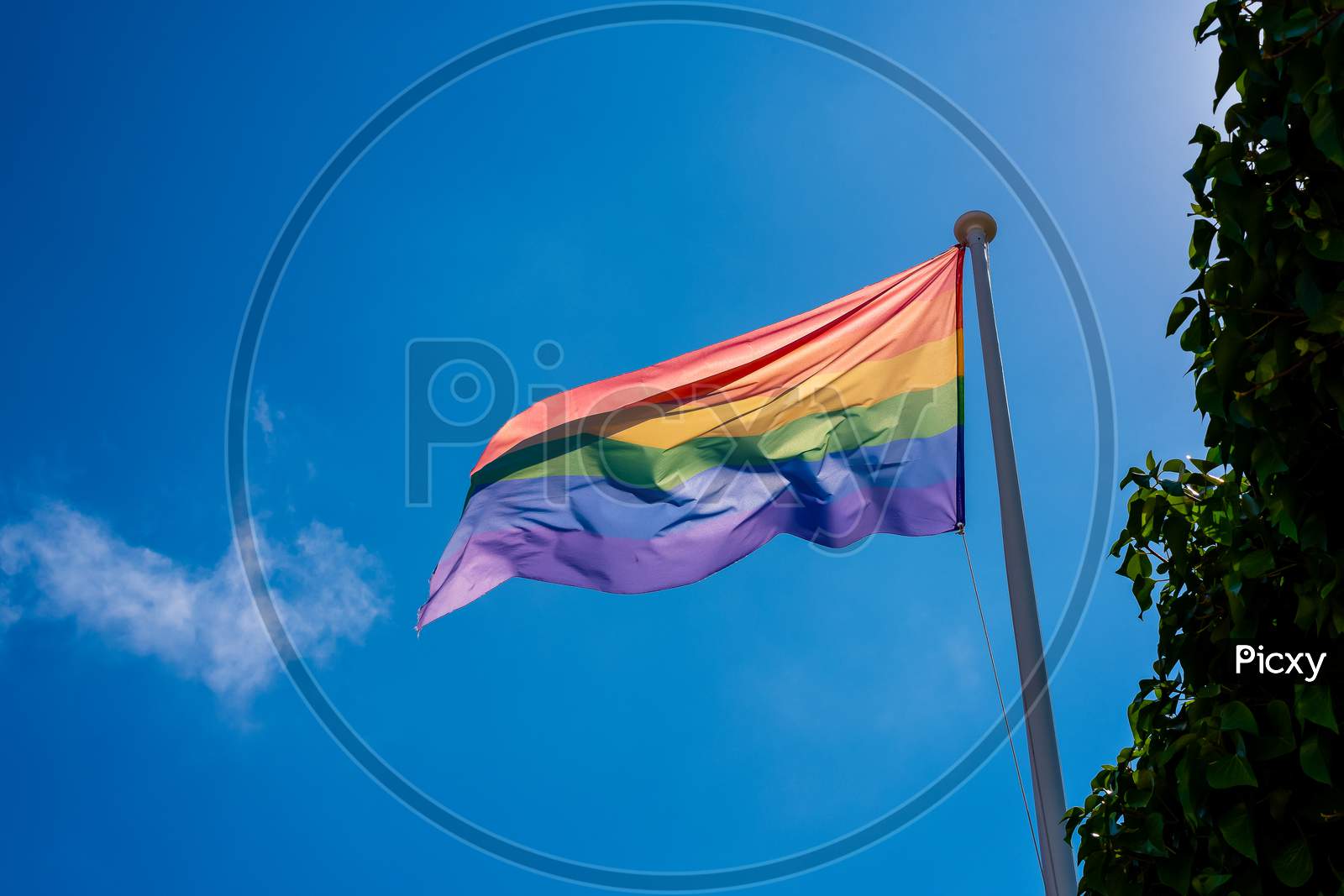 LGBT pride flag hung on a mast and waving in the blue sky