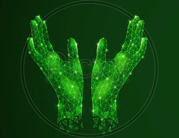 Hand Gestures In green Polygonal design in dark background
