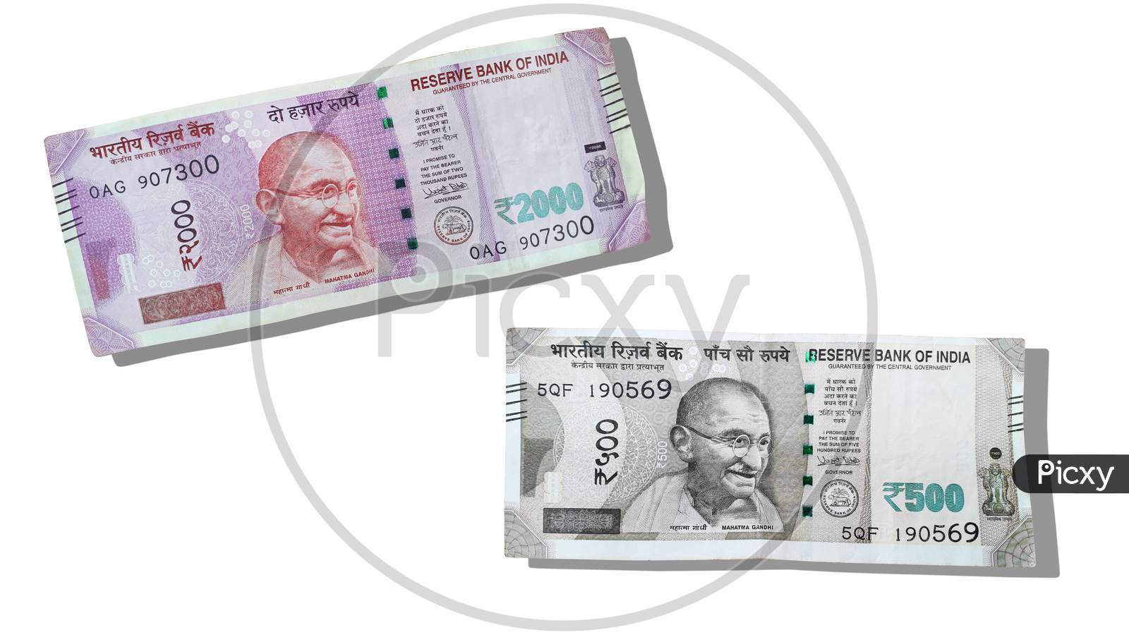 Indian currency note of 2000 and 500 rupees, with the photo printed of Mahatma Gandhi on it -isolated image. The Reserve Bank of India Indian (RBI) launches the currency notes.