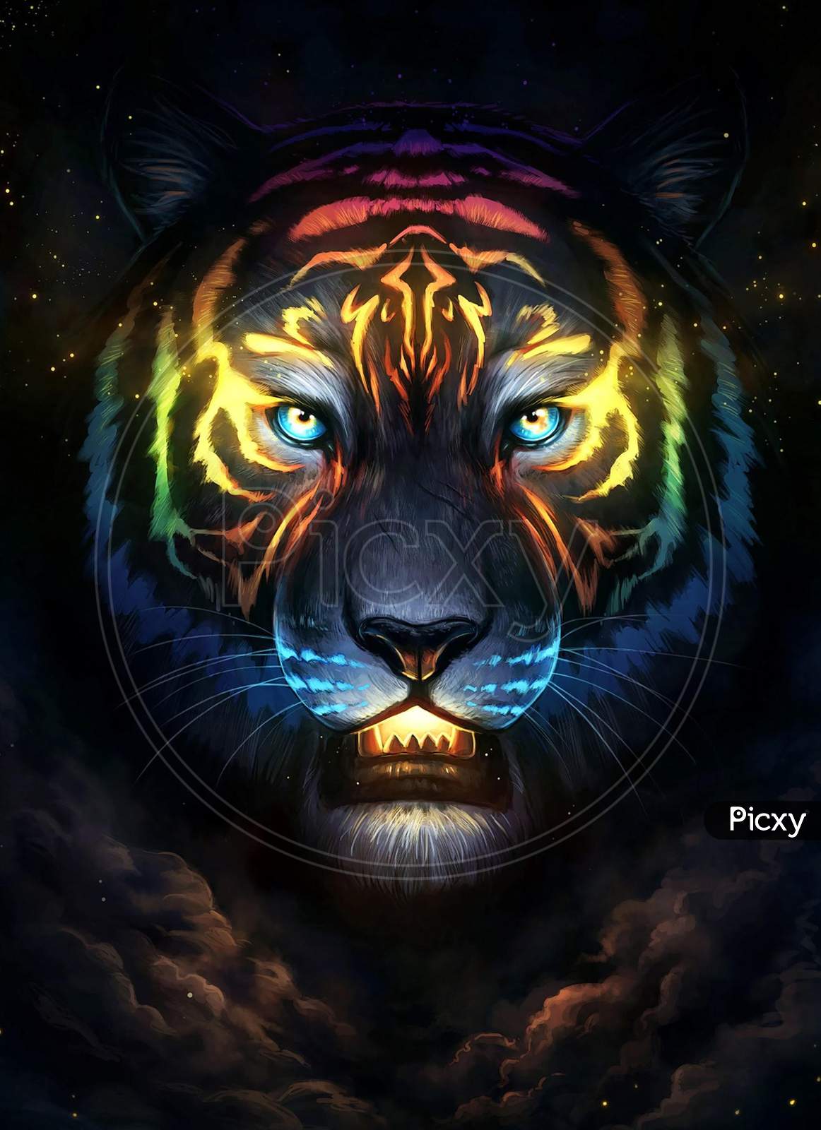 Artwork of a lion with many colors and shapes