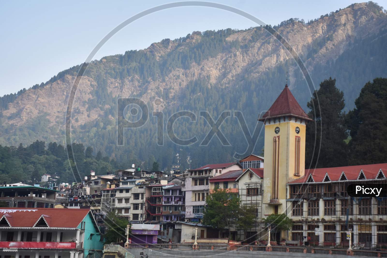 Nainital/India - May 7, 2020: famous church with big clock in mountain, the lake city of nainital