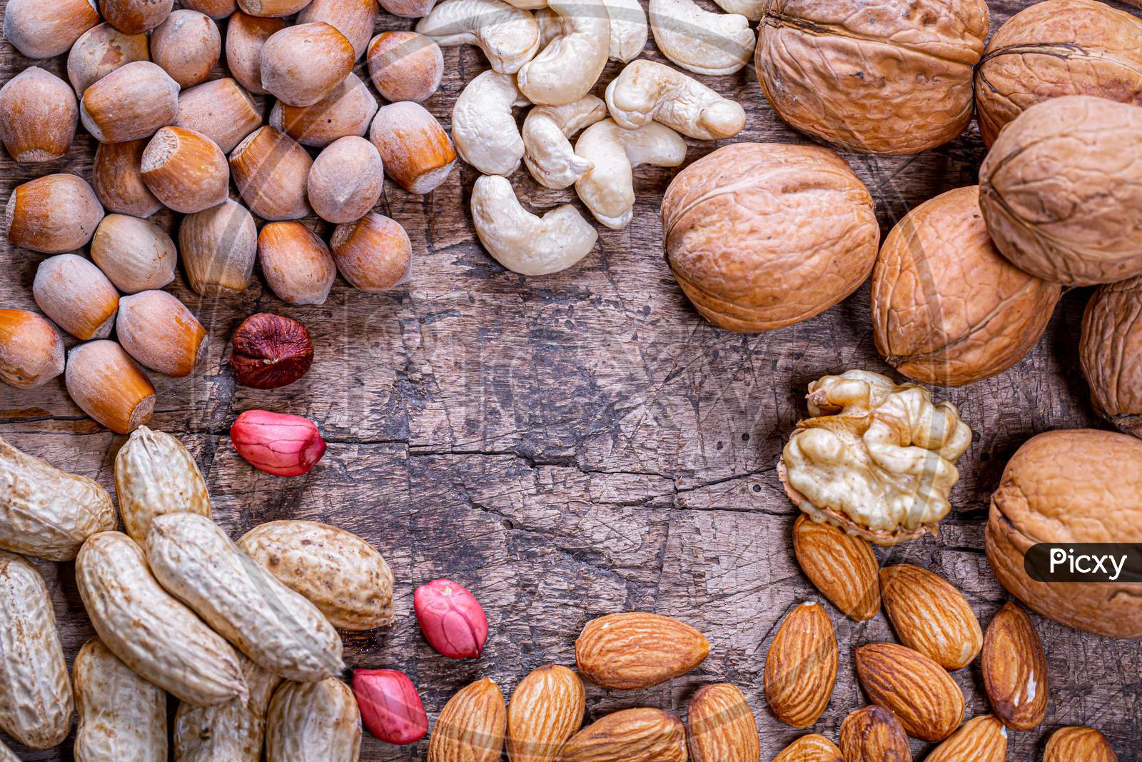 Peanuts, walnuts, almonds, cashews and hazelnuts