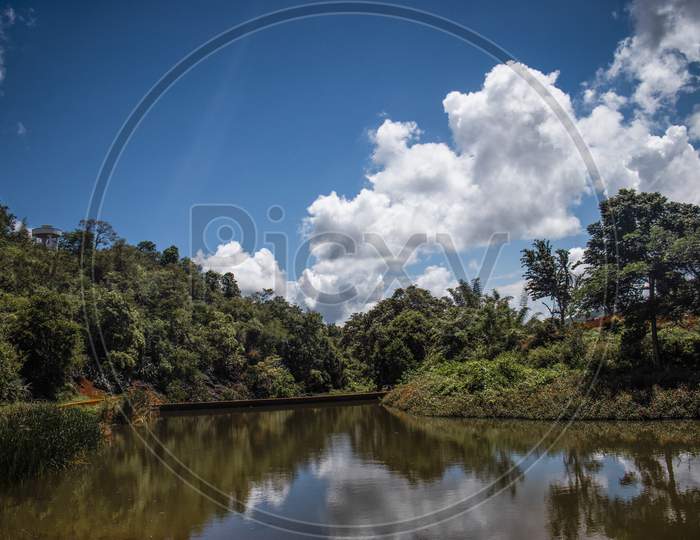 reflection in water of green trees and white clouds