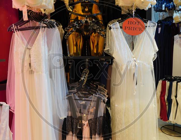 Dubai Uae December 2019 Lingerie Store Inside. Seductive Women Lingerie Displayed On For Sale In A Boutique Store. Mannequin Wearing Women Nightwear. Underwear, Panties, Bra, Corset, Briefs, Pajama.