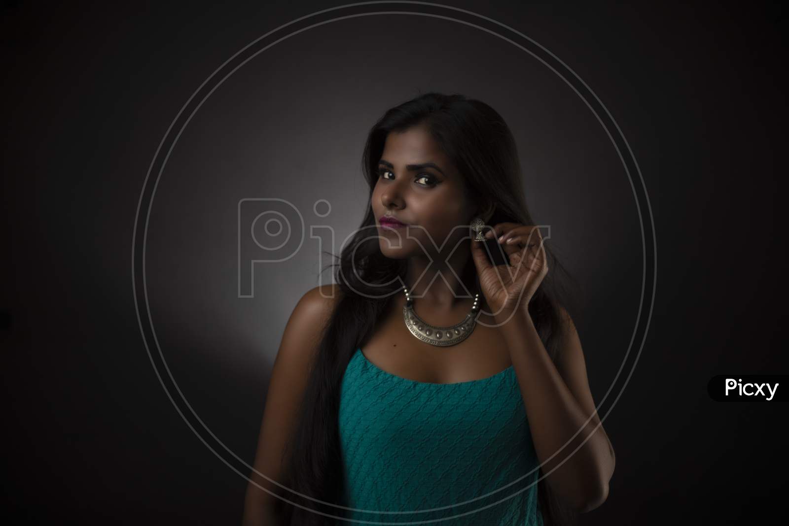 Image Of Fashion Portrait Of Young Dark Skinned Indianafrican Brunette Girl In Green Western 