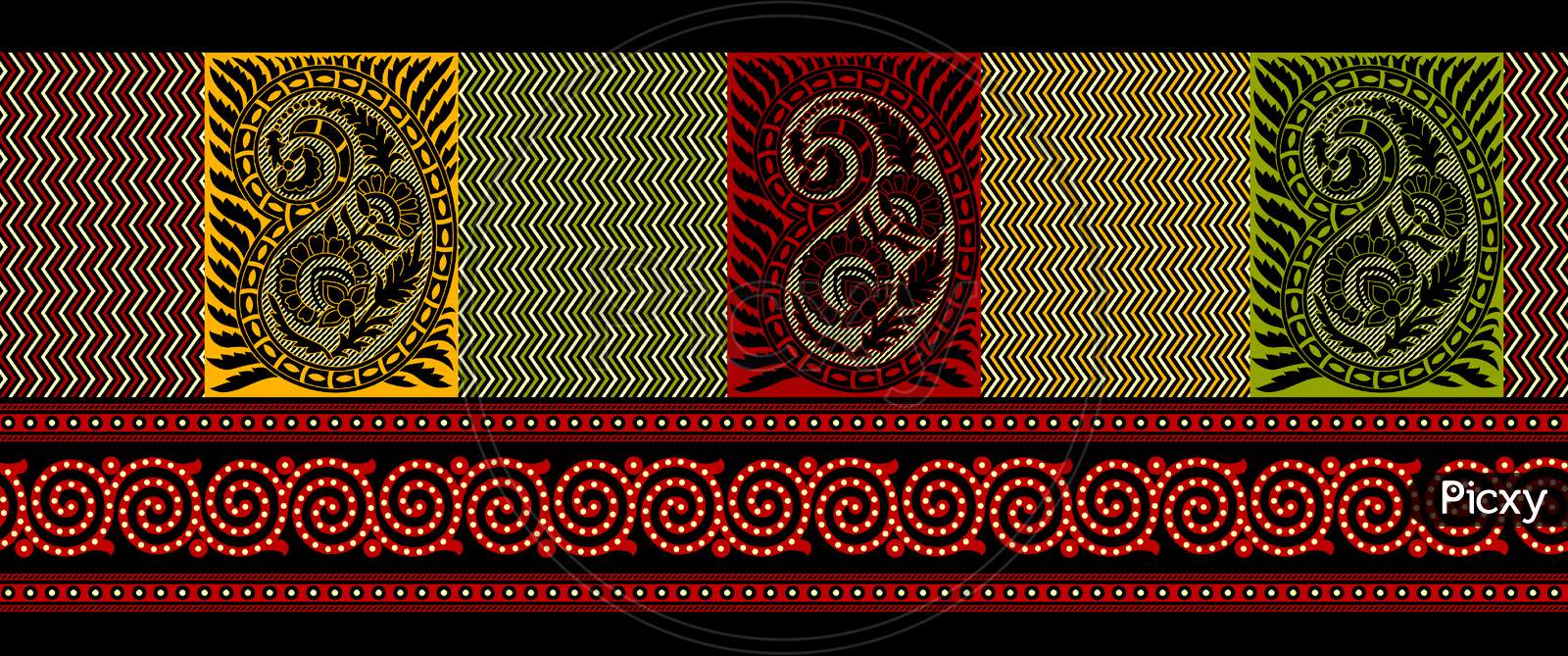 Seamless Indian Paisley Motif Border With Black Background