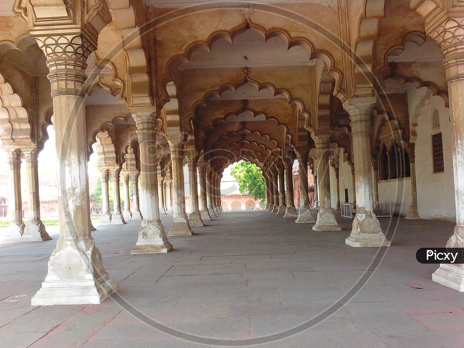 view of architecture of pillars of Agra India fort