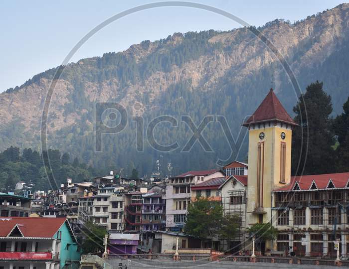 Nainital/India - May 7, 2020: famous church with big clock in mountain, the lake city of nainital