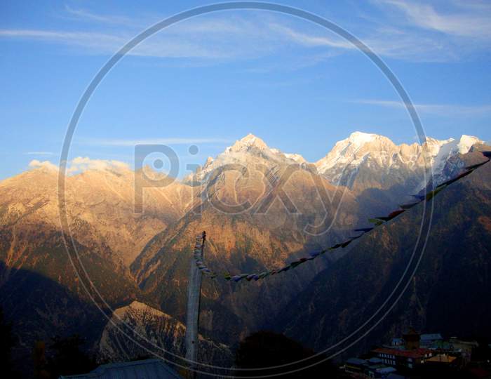 A picturesque Himalayan mountain can be seen from Kalpa, Himachal Pradesh, India
