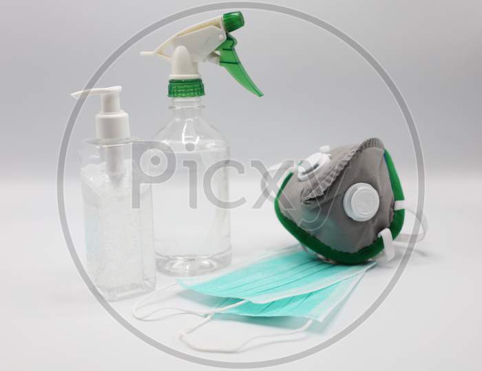 Coronavirus prevention medical surgical masks and hand sanitizer gel for hand hygiene corona virus protection.