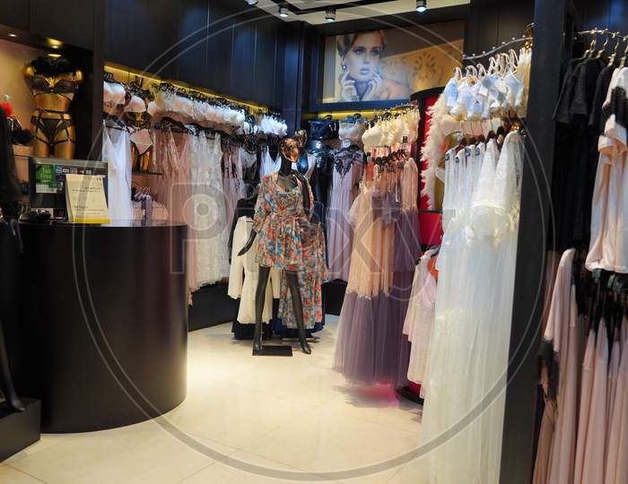 Dubai Uae December 2019 Lingerie Store Inside. Seductive Women Lingerie Displayed On For Sale In A Boutique Store. Mannequin Wearing Women Nightwear. Underwear, Panties, Bra, Corset, Briefs, Pajama.