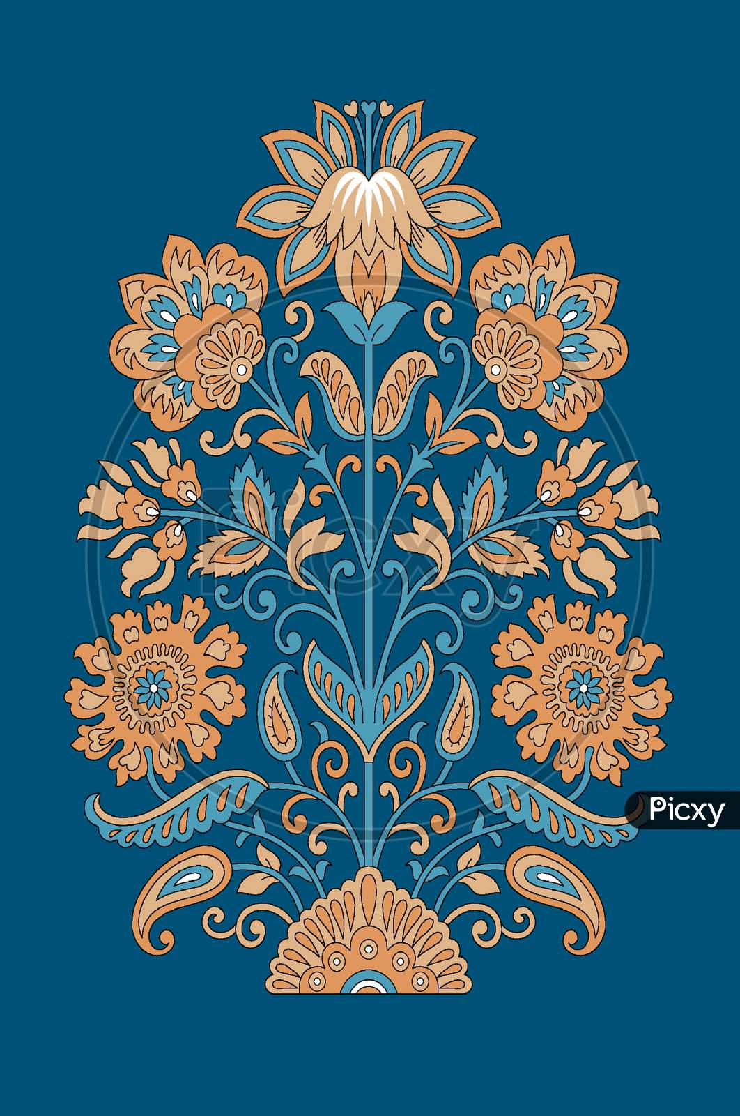 Seamless Mughal Flower Pattern With Blue Background