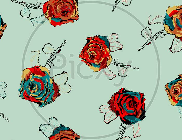 Beautiful Seamless Multicolor Rose Flowers With Sky Background