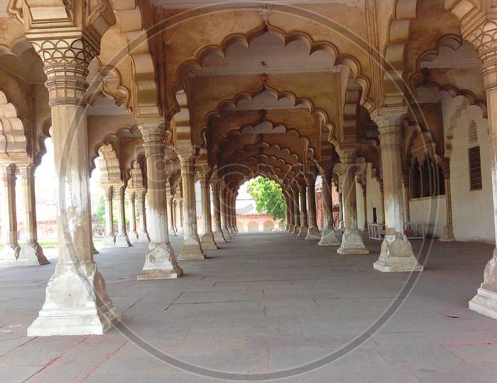 view of architecture of pillars of Agra India fort