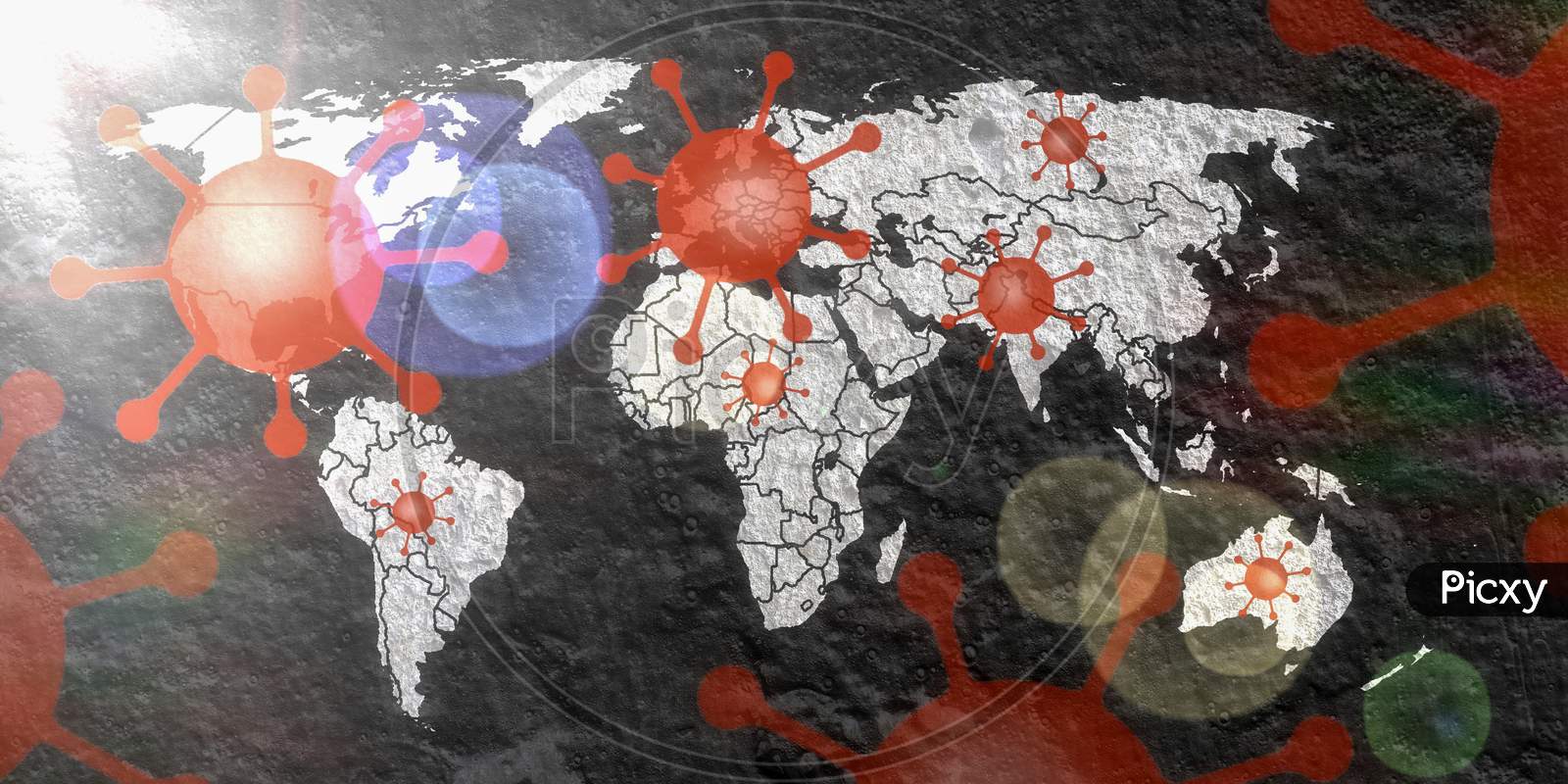 Illustration of a world map showing the corona virus covid-19 hotspots in the United States and Europe