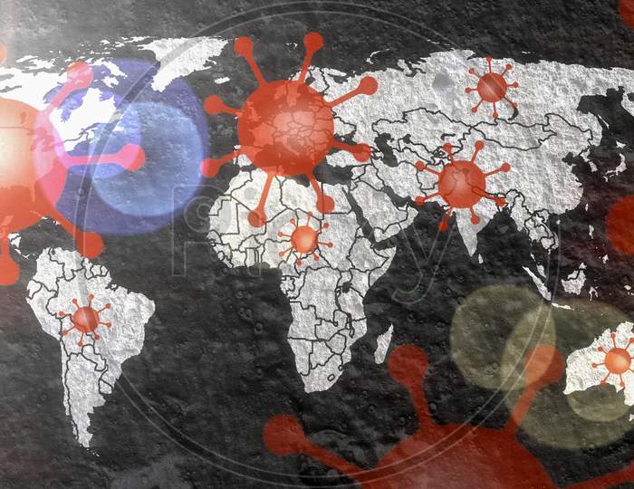 Illustration of a world map showing the corona virus covid-19 hotspots in the United States and Europe