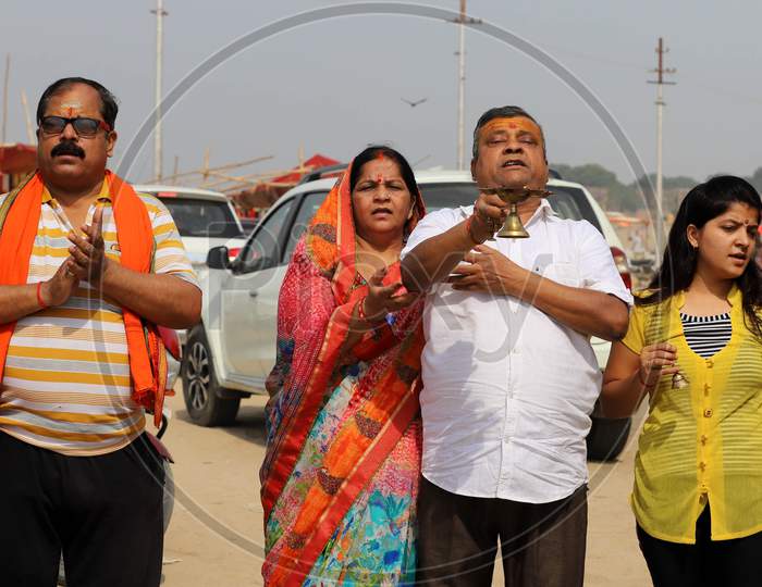 Hindu Devotees Offering  Ganga Aarti To Holy River Ganga After Taking Holy Dip in Triveni Sangam Of Three Rivers, The Ganga, The Yamuna And Mythical Saraswati On The Occasion Of Ganga Dusshera Festival In Prayagraj, June 1, 2020.