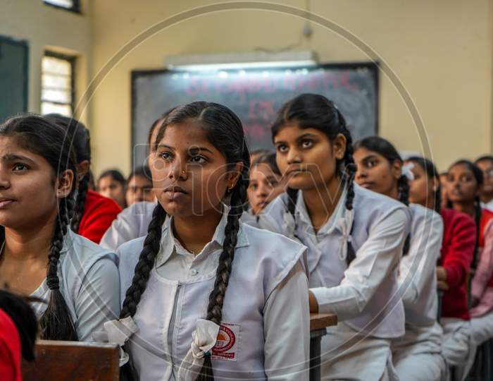 New Delhi, Delhi/ India- June 1 2020: Girl In Government School Looking Towards The Blackboard, Listening To The Teacher Very Attentively.
