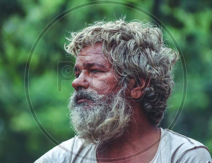New Delhi, Delhi/ India- May 31 2020:A Portrait Of An Old Man With Long Grown Hair And White Beard
