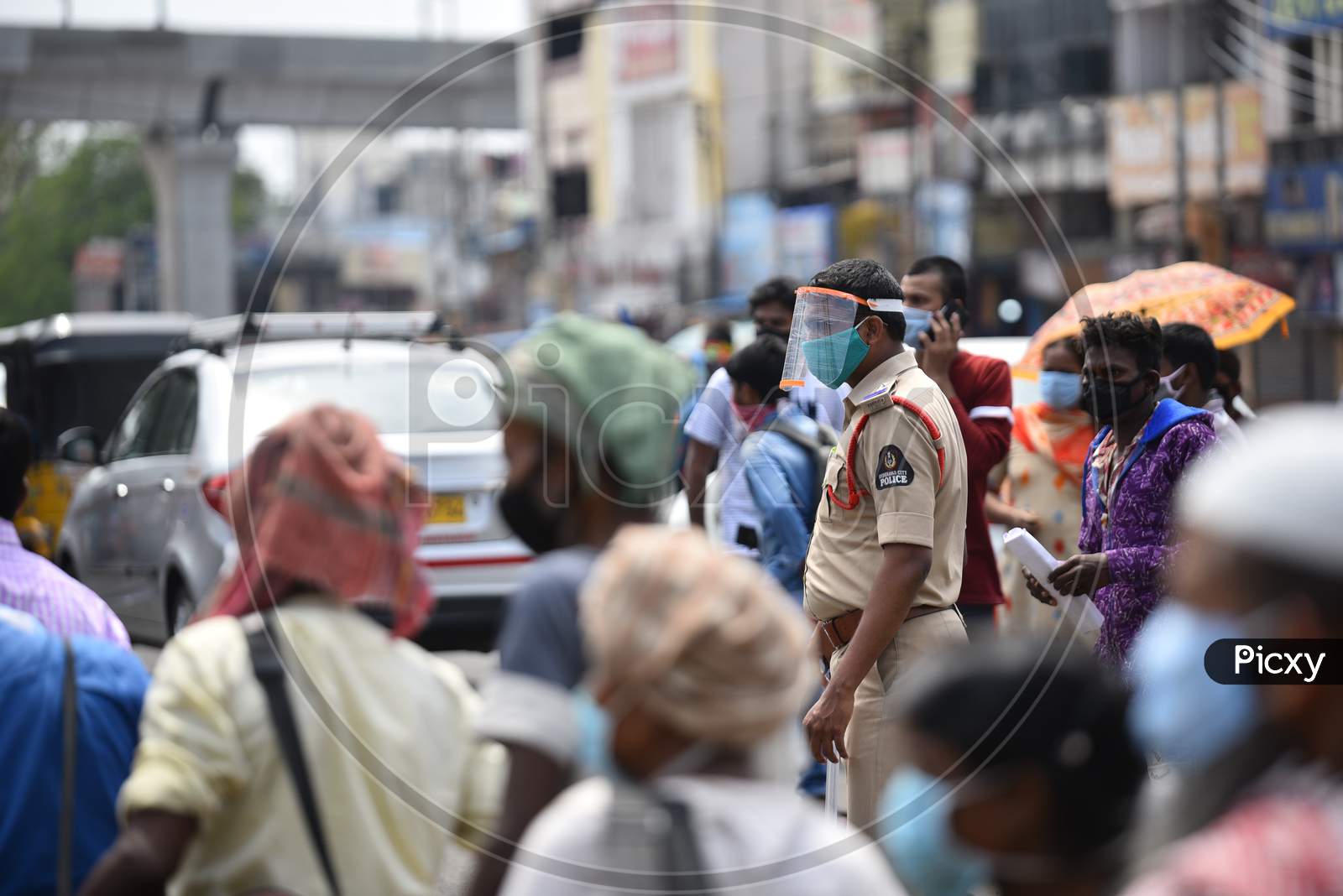 A Hyderabad City Police officer wearing a face shield as a protective measure to prevent CoronaVirus, June 1, 2020, Hyderabad