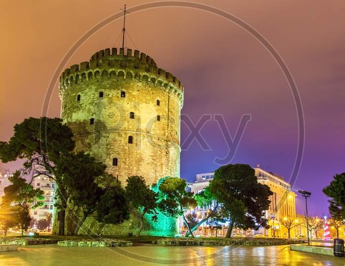 White Tower Of Thessaloniki In Greece At Night