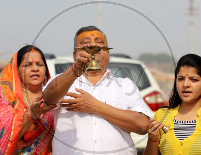 Hindu Devotees Offering  Ganga Aarti To Holy River Ganga After Taking Holy Dip in Triveni Sangam Of Three Rivers, The Ganga, The Yamuna And Mythical Saraswati On The Occasion Of Ganga Dusshera Festival In Prayagraj, June 1, 2020.