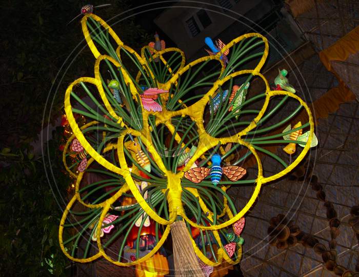 Bamboo Made Tree Decorated With Clay Made Butterfly,Bee,Bird And Dragonfly By Santal Or Santhal Tribe Of Bengal