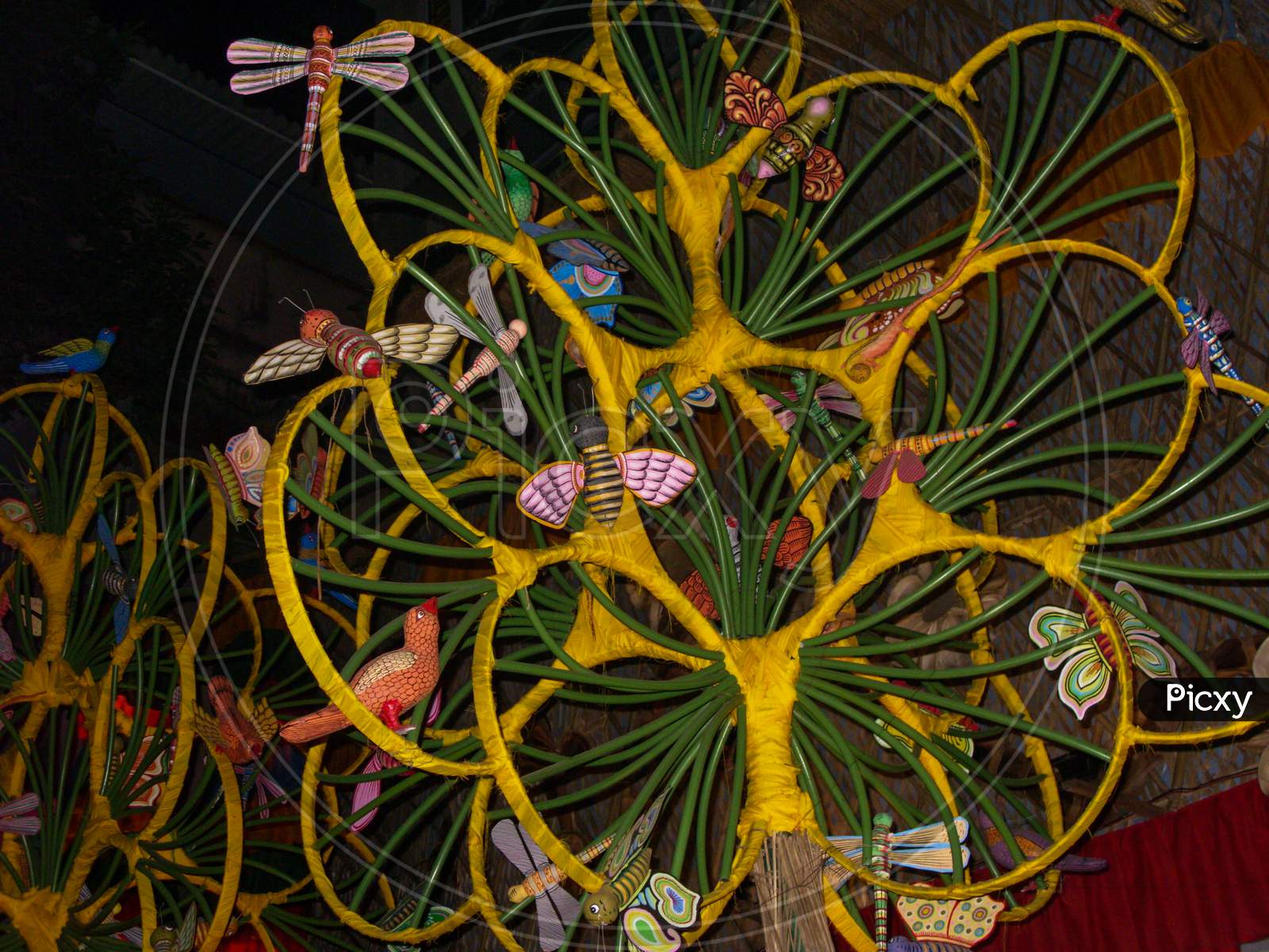 Bamboo Made Tree Decorated With Clay Made Butterfly,Bee,Bird And Dragonfly By Santal Or Santhal Tribe Of Bengal