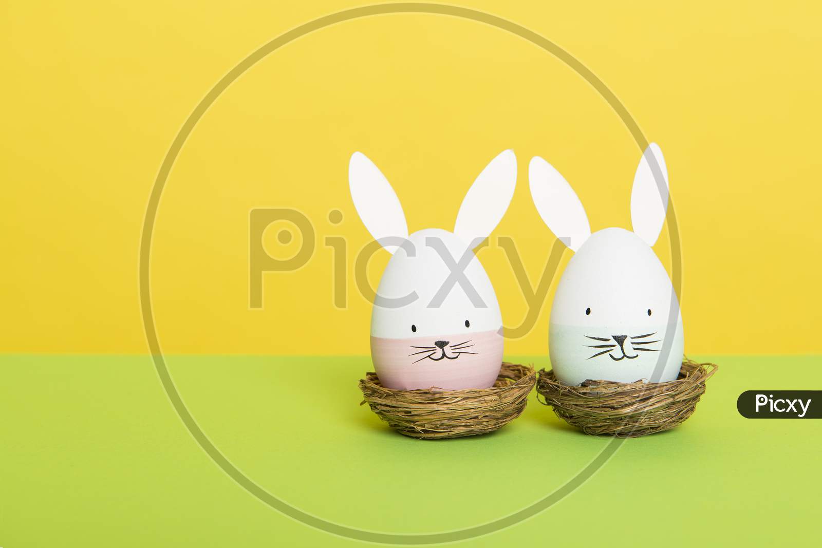 Two Easter Eggs With Bunny Faces In Nest On A Green And Yellow Background With Space For Copy