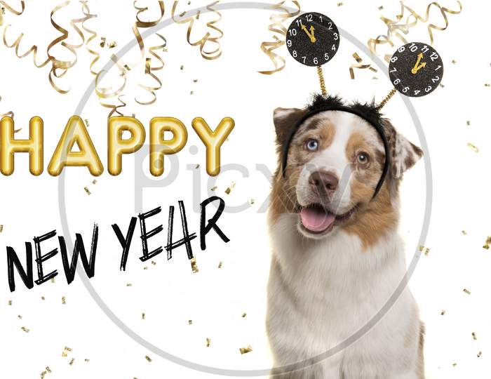Portrait Of A Happy Australian Shepherd Dog Wearing A New Year Diadem On A White Background With Golden Party Garlands And Text Happy New Year