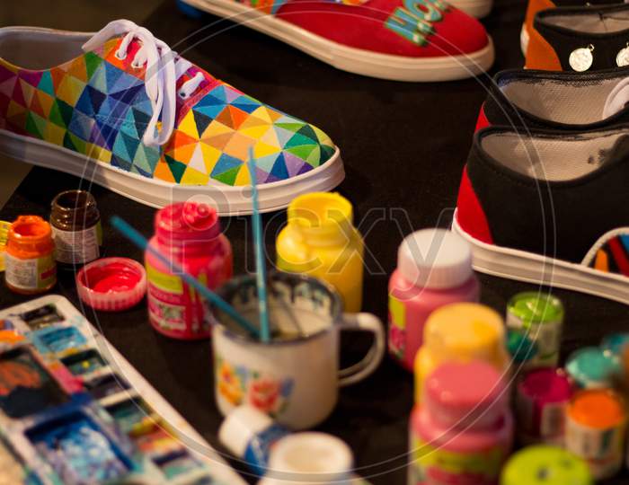 A colorful hand-painted shoe.