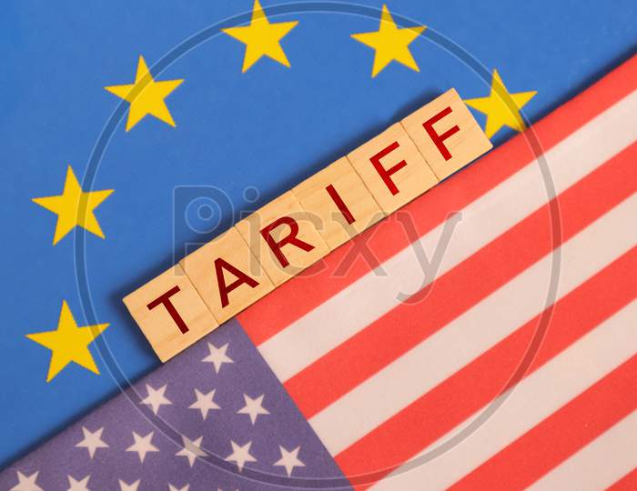 Concept Of Bilateral Relations And Us Tariff On Eu Showing With Flags