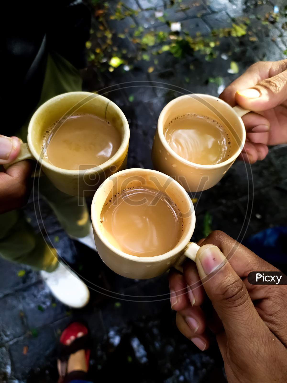 Cheering three friends with holding tea cups together by hands wet rainy climate. Lemon grass and ginger flavored healthy tea.