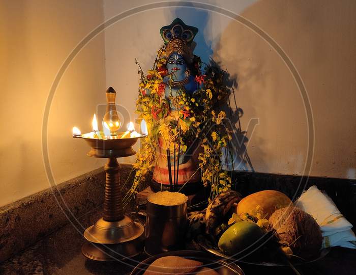 A traditional Vishu kani setting with auspicious items