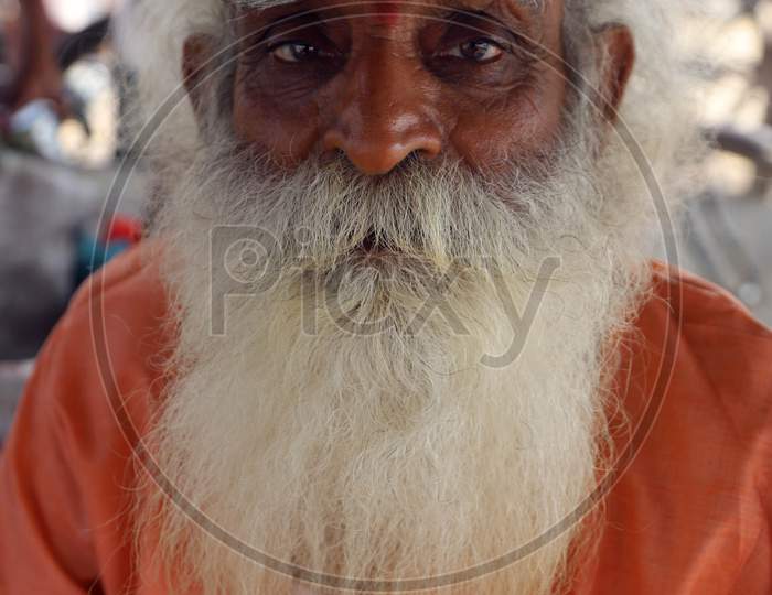 Portrait Of Indian Sadhu or Baba In Prayagraj, India