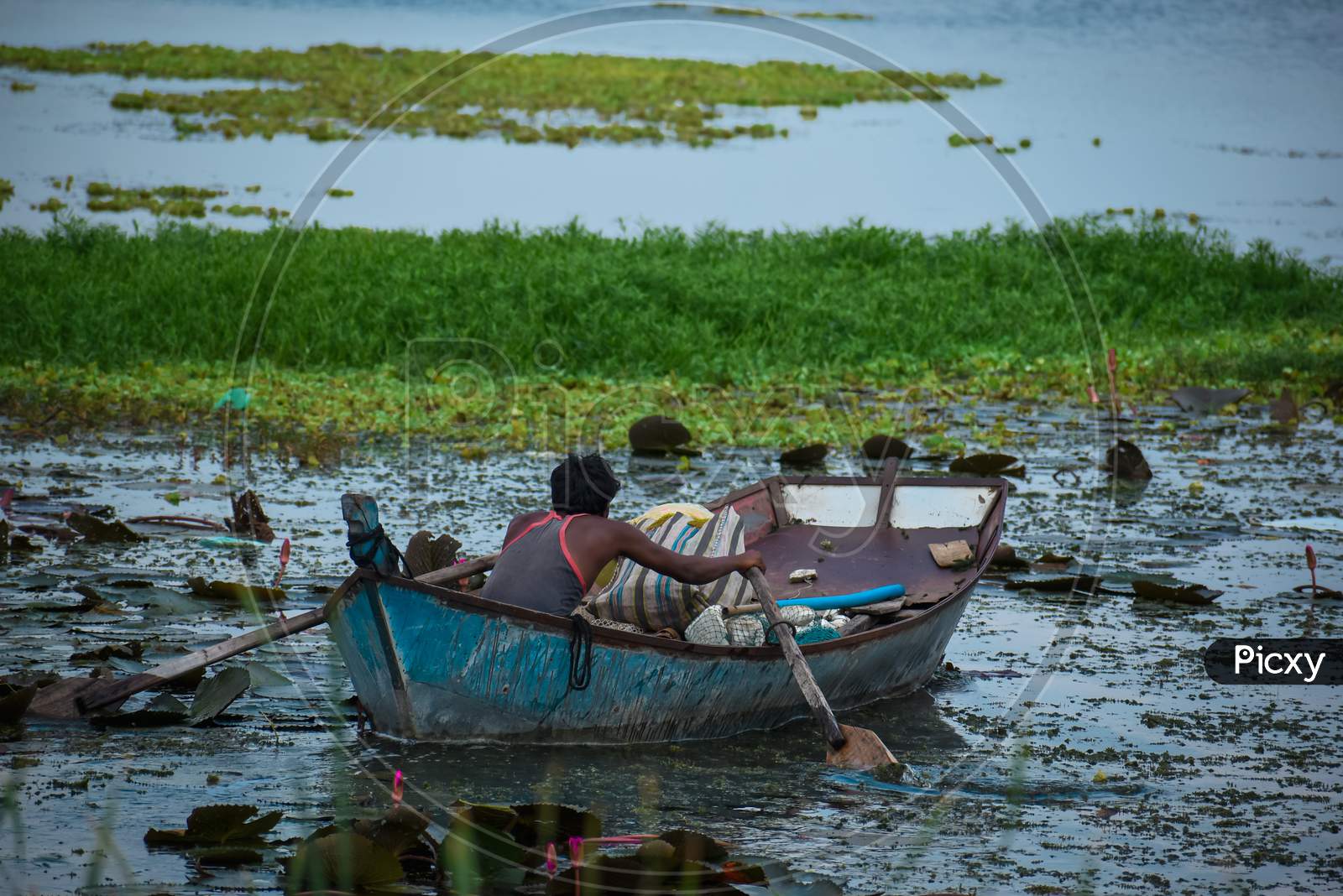 A fisherman driving the boat in the pond