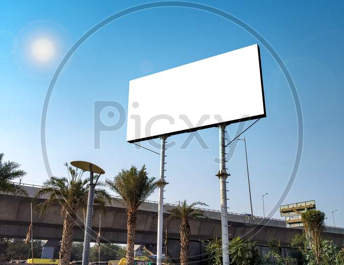 Blank Billboard At Roadside Good Viewership Against Clear Sky
