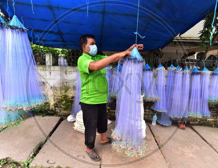 A Vendor Arranges  Fishing Net On His Roadside Shop For Sale During Nationwide Lockdown 5.0 of Coronavirus or COVID-19  In Nagaon District In The Northeastern State Of Assam, India On June 9, 2020.