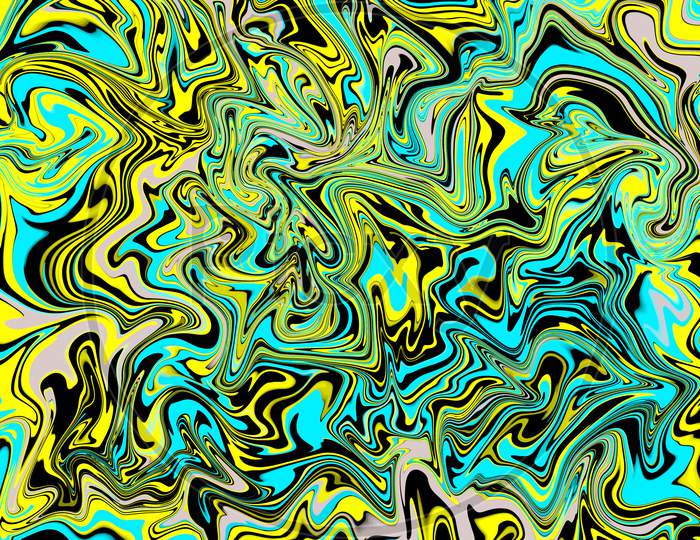 An Abstract Background Of A Mixture Of Different Colored Wet Paints.,Liquefied Background. Fluid Green Yellow Blue Black Texture In Digital Art.