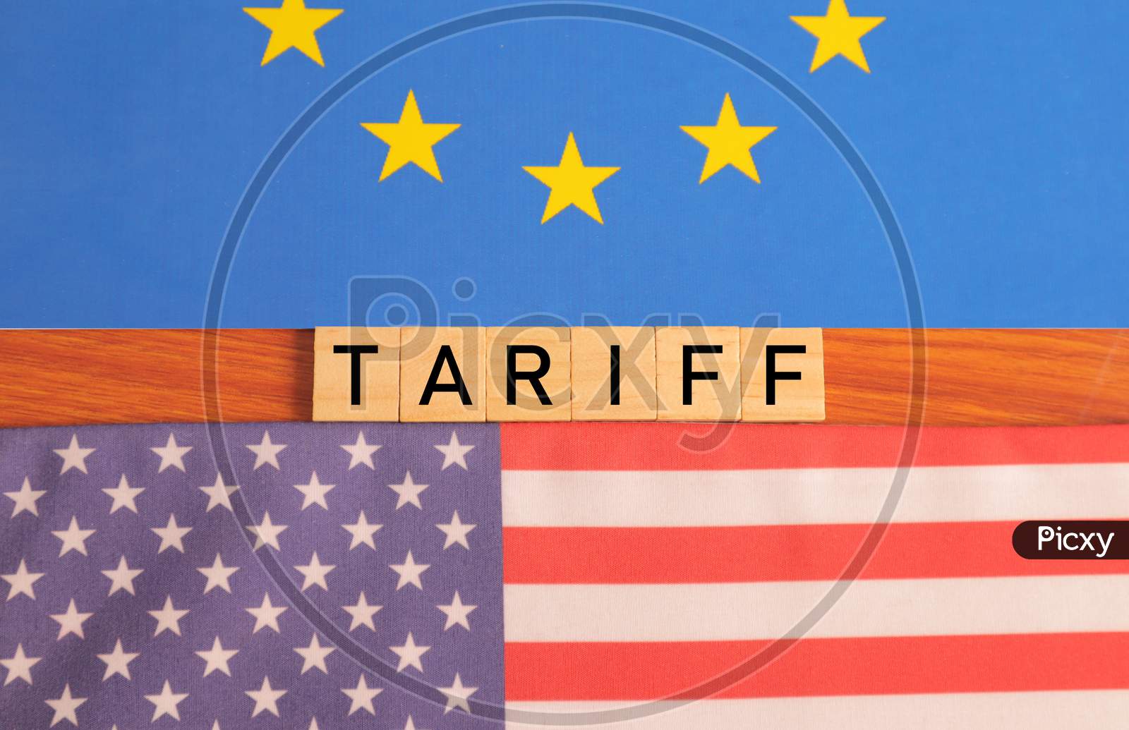 Concept Of Bilateral Relations And United States Of America Or Usa Tariff On Eu Or European Union Showing With Flags