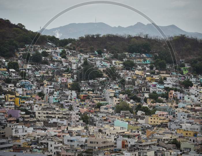 A view of the hilltop houses, during the fifth phase of coronavirus lockdown in Vijayawada.