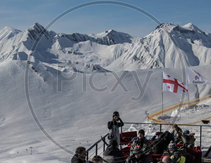 Gudauri, Georgia- February 2019: Ski Resort Cafe With Beautiful Mountain View