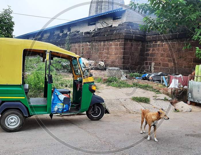 An Auto Rikshaw has been parked on the road.