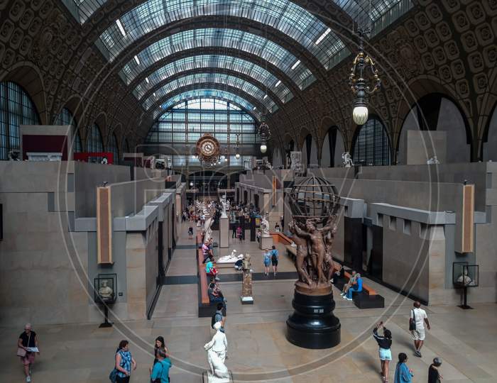 Paris, France- July 2018: Old Station Orsay Museum Golden Clock