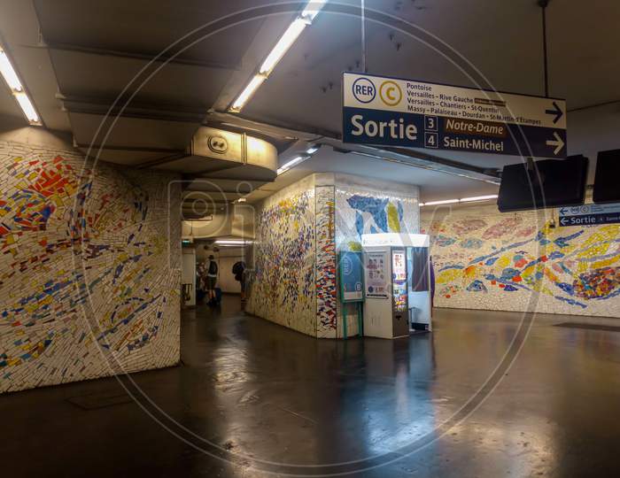 Paris, France- July 2018: Underground Metro Station Colorful Walls